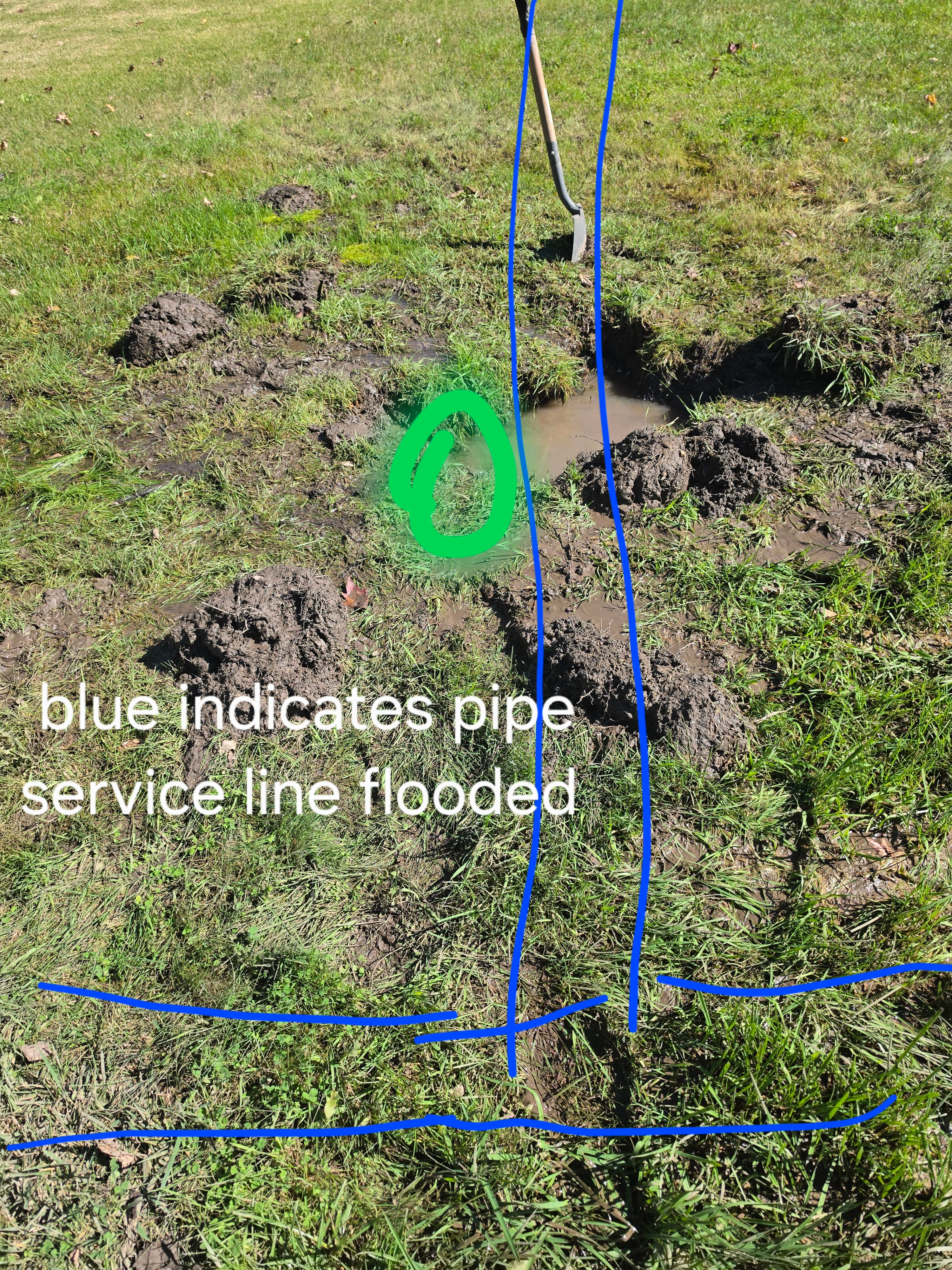 Excavated trench showing exposed exterior water line pipe before repair